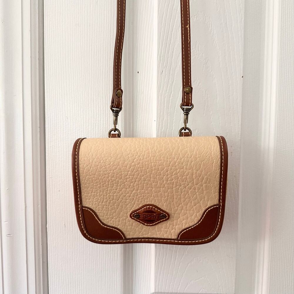 Esprit Beige Tan Trim Mini Camera Crossbody Bag Vintage 90s Faux Pebble Leather